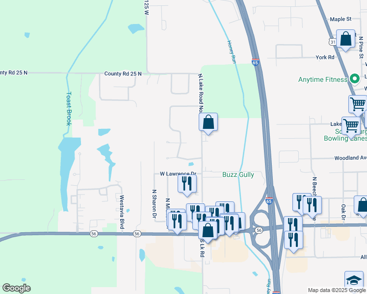 map of restaurants, bars, coffee shops, grocery stores, and more near 221 North Nicole Lane in Scottsburg