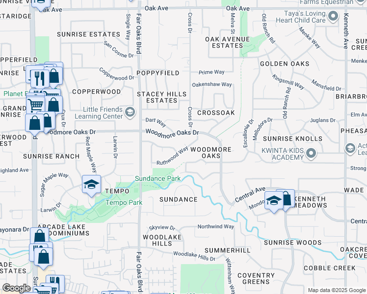 map of restaurants, bars, coffee shops, grocery stores, and more near 8085 Ruthwood Way in Orangevale