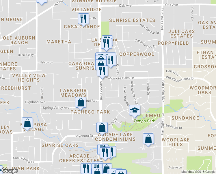 map of restaurants, bars, coffee shops, grocery stores, and more near 6805 Trovita Way in Citrus Heights