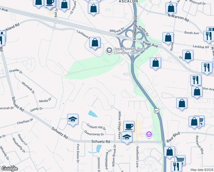 map of restaurants, bars, coffee shops, grocery stores, and more near 1612 Beckham Ridge Court in St. Louis