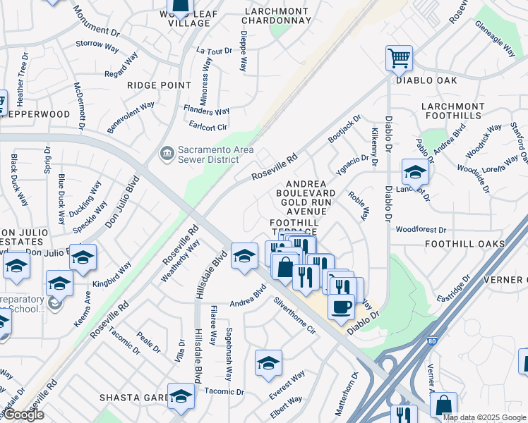 map of restaurants, bars, coffee shops, grocery stores, and more near 5134 Karm Way in Sacramento
