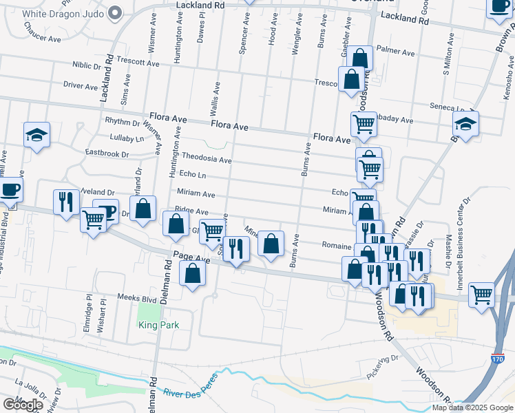 map of restaurants, bars, coffee shops, grocery stores, and more near 9522 Miriam Avenue in Overland