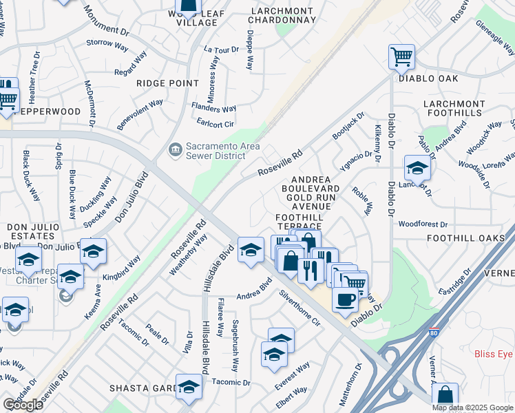 map of restaurants, bars, coffee shops, grocery stores, and more near 6859 Barbara Lee Circle in Sacramento