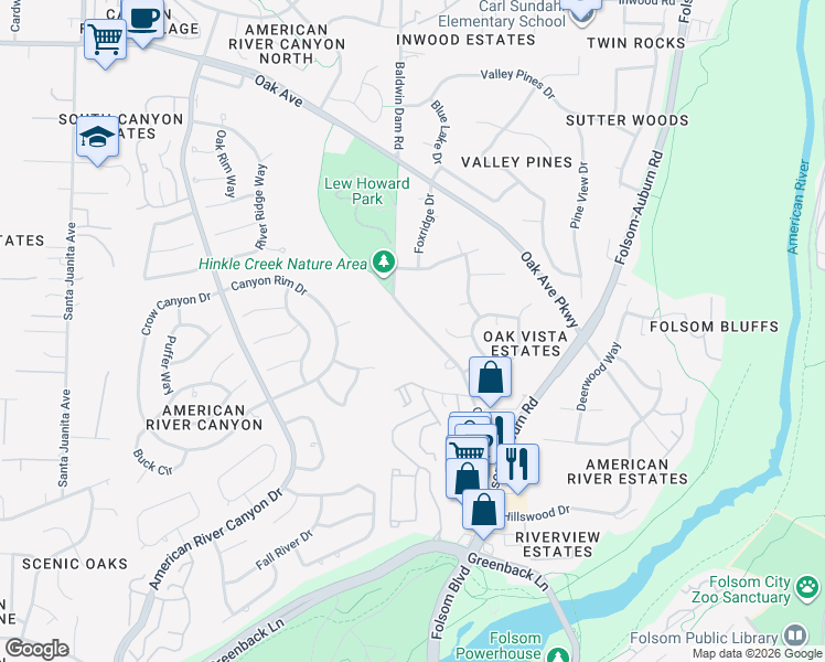 map of restaurants, bars, coffee shops, grocery stores, and more near 6858 Oak Avenue in Folsom