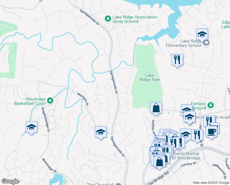 map of restaurants, bars, coffee shops, grocery stores, and more near 12168 Springwoods Drive in Woodbridge