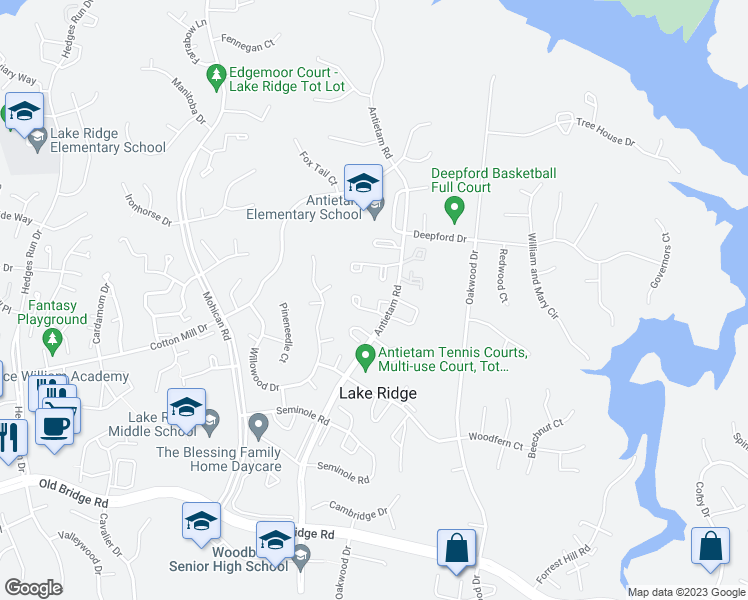 map of restaurants, bars, coffee shops, grocery stores, and more near 2914 Madeira Court in Woodbridge