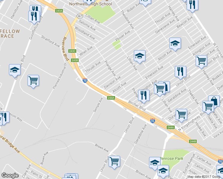 map of restaurants, bars, coffee shops, grocery stores, and more near 4535 Alcott Avenue in St. Louis