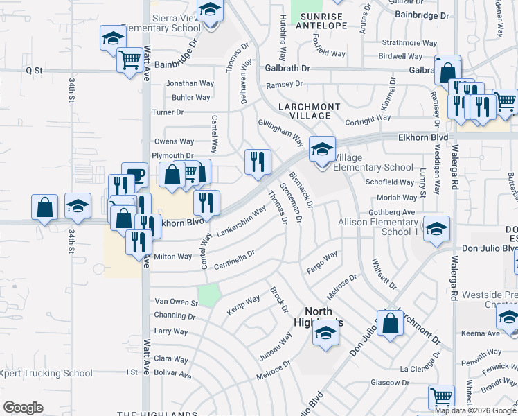 map of restaurants, bars, coffee shops, grocery stores, and more near 3832 Lankershim Way in North Highlands