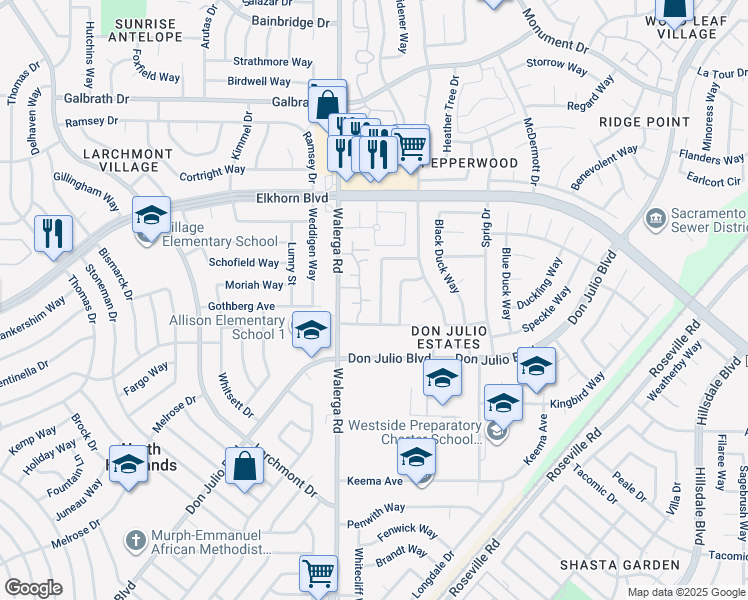 map of restaurants, bars, coffee shops, grocery stores, and more near 6817 Harlequin Way in Sacramento