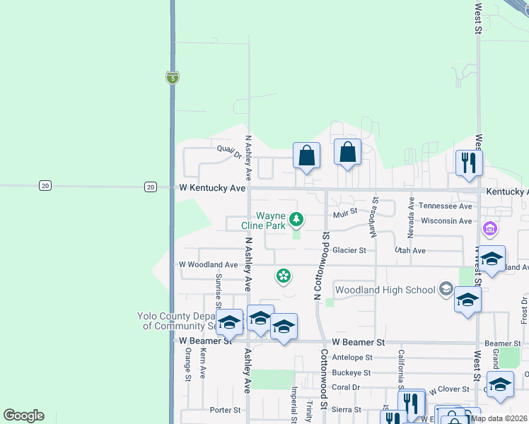 map of restaurants, bars, coffee shops, grocery stores, and more near 282 Cascade Street in Woodland