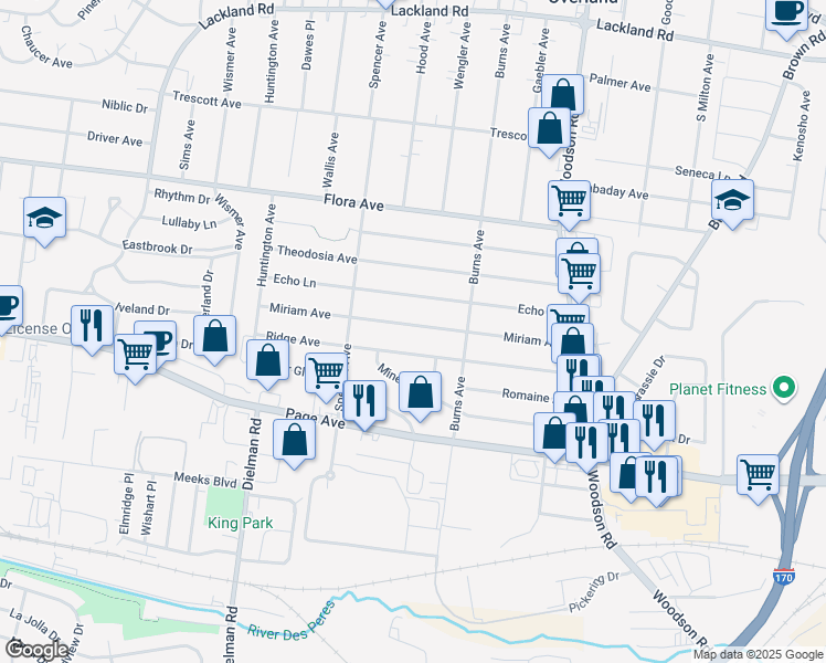 map of restaurants, bars, coffee shops, grocery stores, and more near 9522 Miriam Avenue in Overland