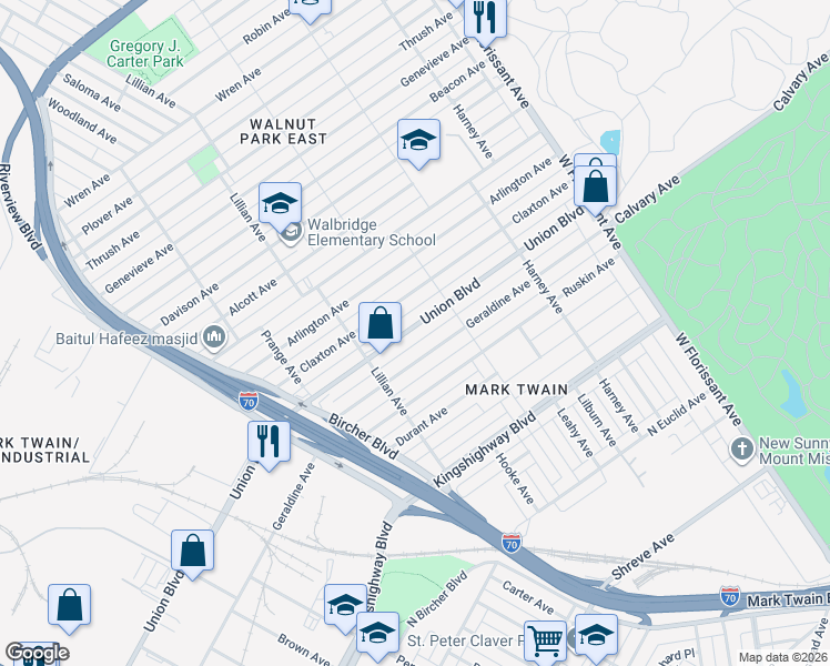 map of restaurants, bars, coffee shops, grocery stores, and more near 5056 Union Boulevard in St. Louis