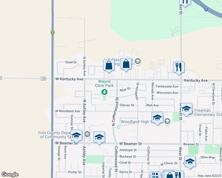 map of restaurants, bars, coffee shops, grocery stores, and more near 220 Muir Street in Woodland