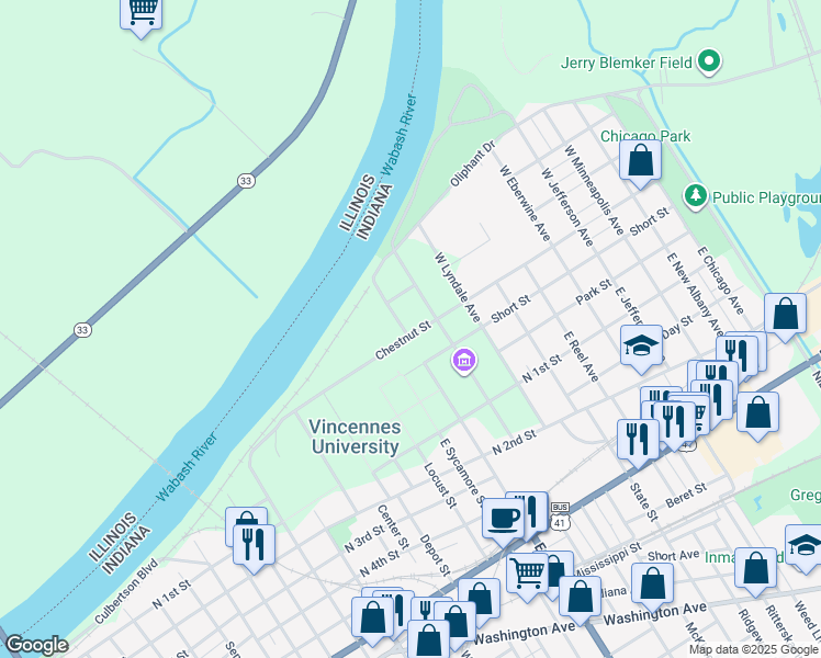 map of restaurants, bars, coffee shops, grocery stores, and more near 201 West Saint Clair Street in Vincennes