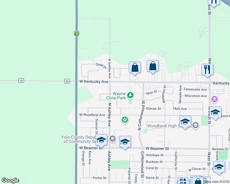 map of restaurants, bars, coffee shops, grocery stores, and more near 282 Cascade Street in Woodland