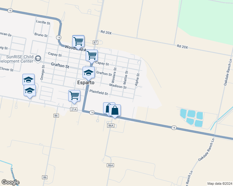 map of restaurants, bars, coffee shops, grocery stores, and more near 26844 Plainfield Street in Esparto