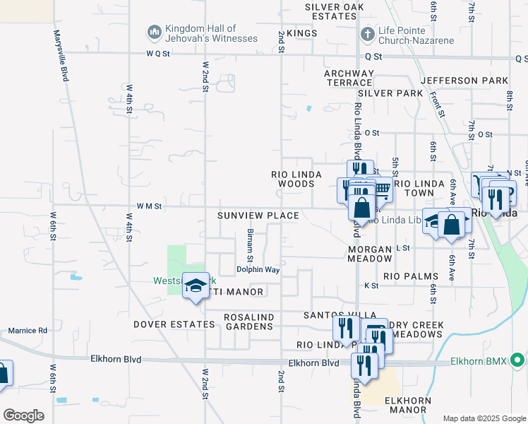 map of restaurants, bars, coffee shops, grocery stores, and more near 130 M Street in Rio Linda