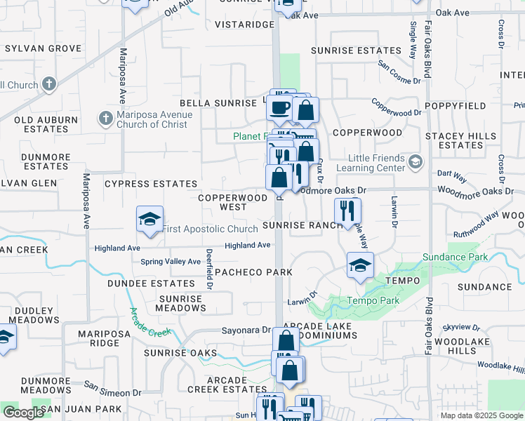 map of restaurants, bars, coffee shops, grocery stores, and more near 6929 Sunrise Boulevard in Citrus Heights