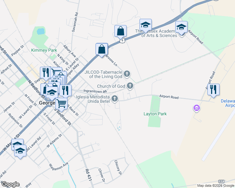 map of restaurants, bars, coffee shops, grocery stores, and more near Conaway Lane in Georgetown