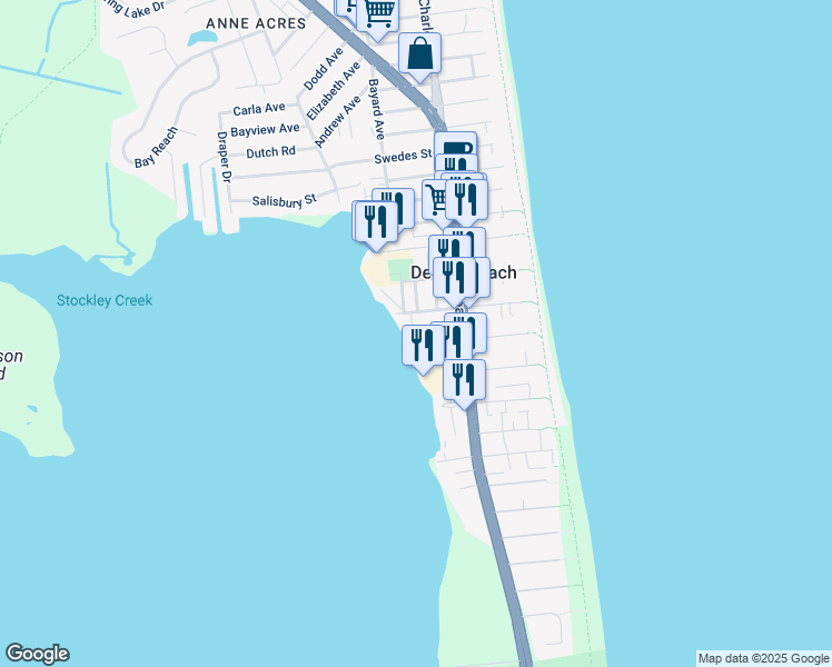 map of restaurants, bars, coffee shops, grocery stores, and more near 115 Rodney Avenue in Dewey Beach