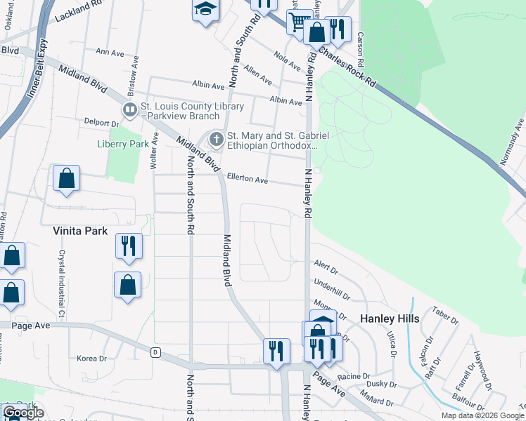 map of restaurants, bars, coffee shops, grocery stores, and more near 8108 Titus Road in Saint Louis