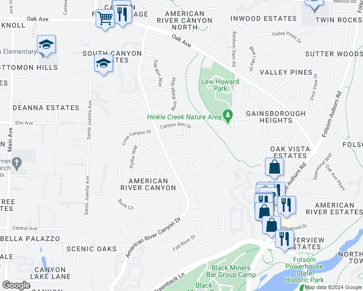 map of restaurants, bars, coffee shops, grocery stores, and more near 103 Middle Fork Court in Folsom