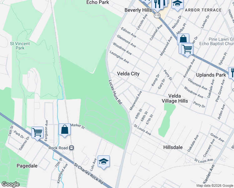 map of restaurants, bars, coffee shops, grocery stores, and more near 2404 Lucas and Hunt Road in St. Louis