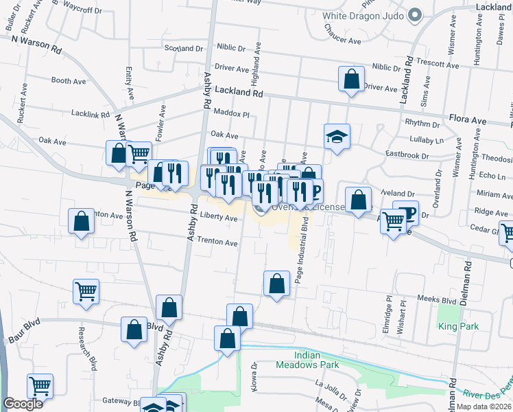 map of restaurants, bars, coffee shops, grocery stores, and more near 10334 Page Avenue in St. Louis