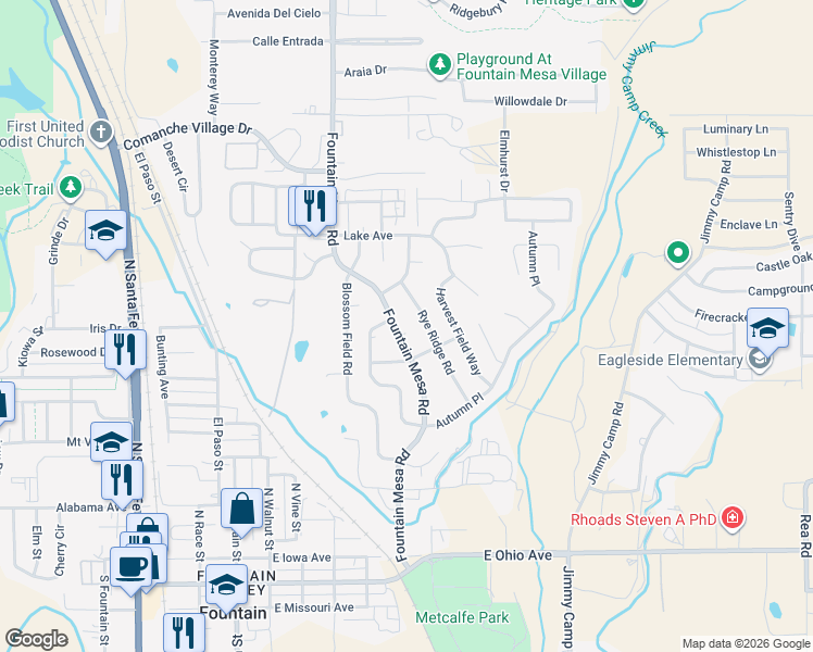 map of restaurants, bars, coffee shops, grocery stores, and more near 716 Fountain Mesa Road in Fountain