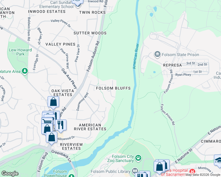 map of restaurants, bars, coffee shops, grocery stores, and more near 440 Crestridge Lane in Folsom