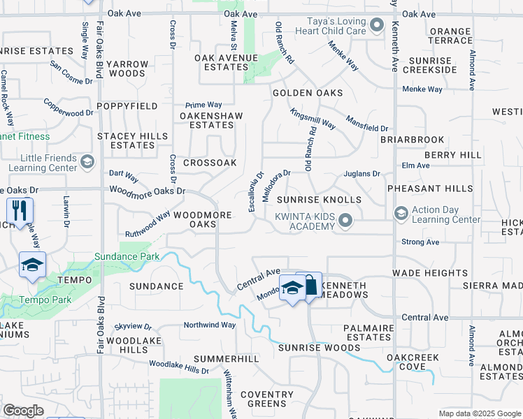 map of restaurants, bars, coffee shops, grocery stores, and more near 6805 Mellodora Drive in Orangevale