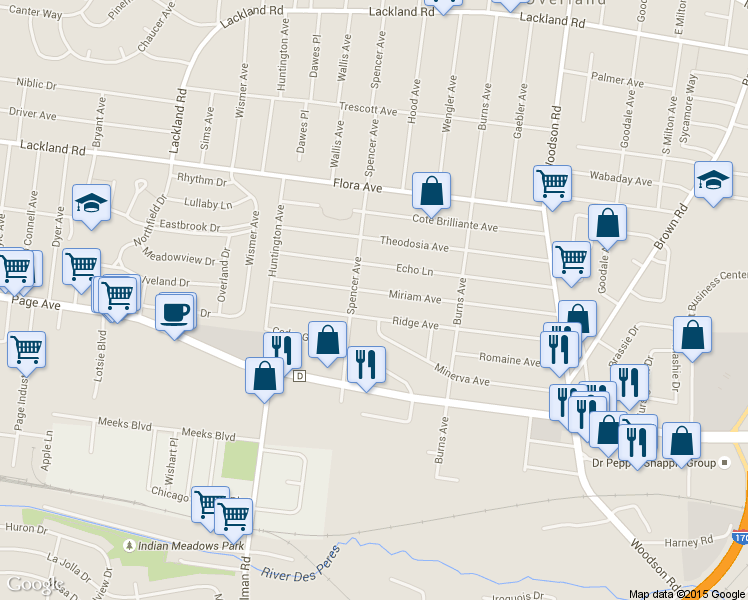 map of restaurants, bars, coffee shops, grocery stores, and more near 9540 Miriam Avenue in Overland