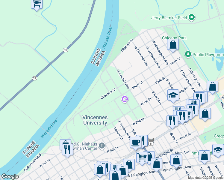 map of restaurants, bars, coffee shops, grocery stores, and more near 201 West Saint Clair Street in Vincennes