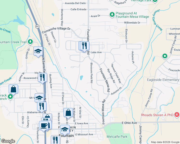 map of restaurants, bars, coffee shops, grocery stores, and more near 617 Blossom Field Road in Fountain