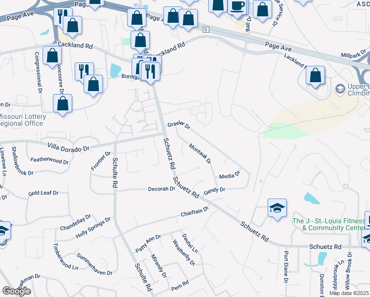 map of restaurants, bars, coffee shops, grocery stores, and more near 3 Montauk Court in Saint Louis