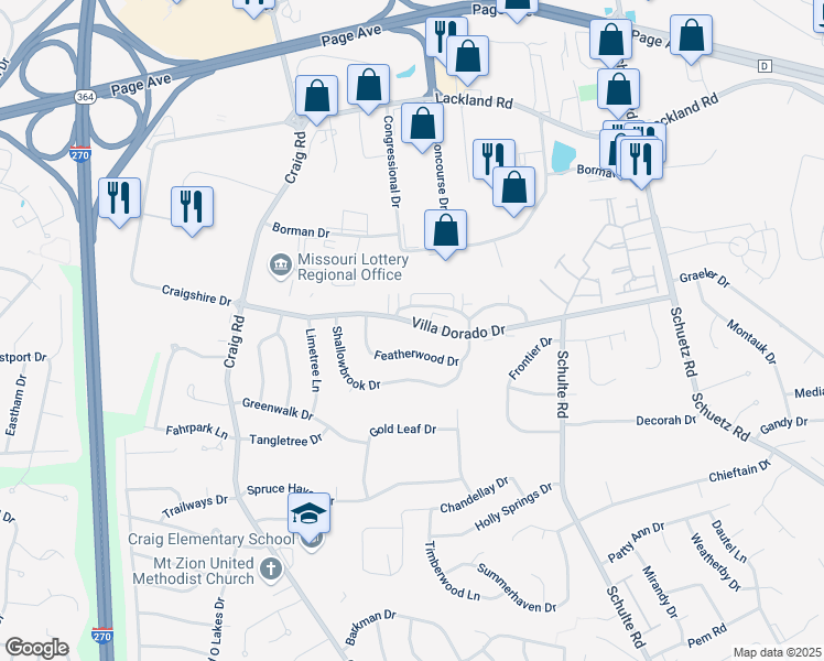 map of restaurants, bars, coffee shops, grocery stores, and more near 11874 Villa Dorado Drive in St. Louis