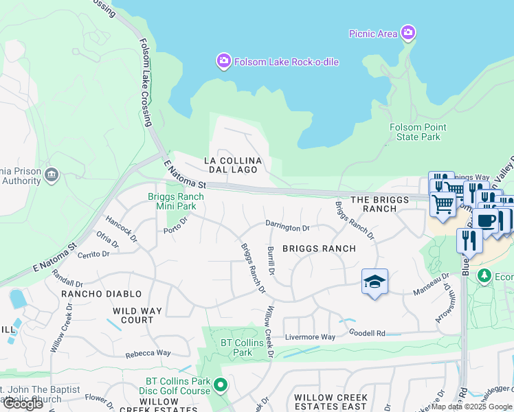 map of restaurants, bars, coffee shops, grocery stores, and more near 107 Zanetta Court in Folsom