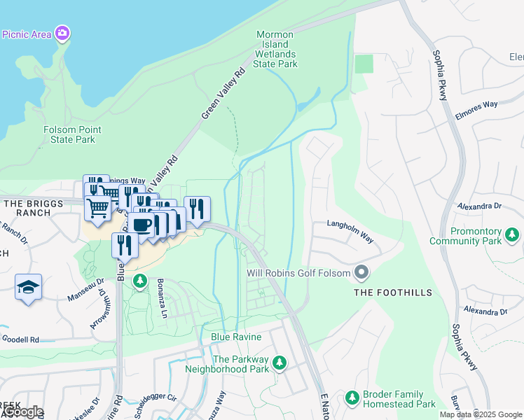 map of restaurants, bars, coffee shops, grocery stores, and more near 805 Esplanade Circle in Folsom