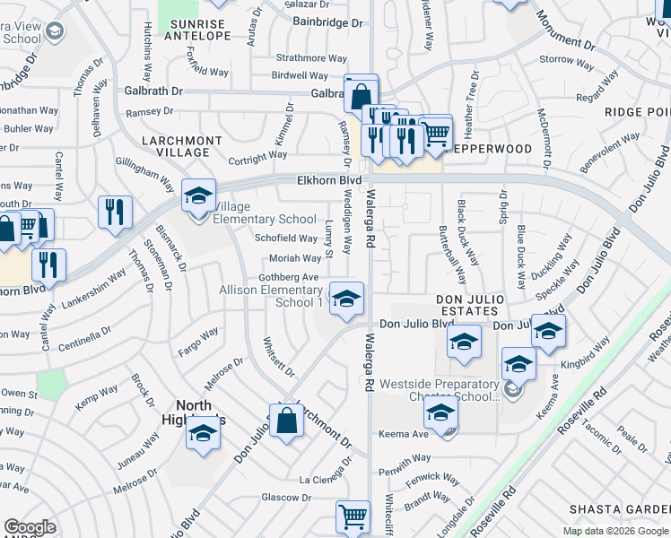 map of restaurants, bars, coffee shops, grocery stores, and more near 6801 Weddigen Way in North Highlands