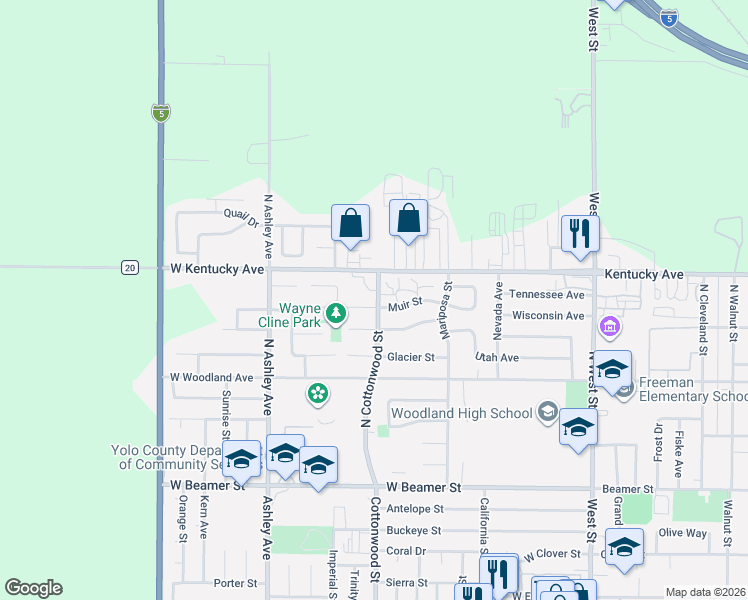 map of restaurants, bars, coffee shops, grocery stores, and more near 220 Muir Street in Woodland
