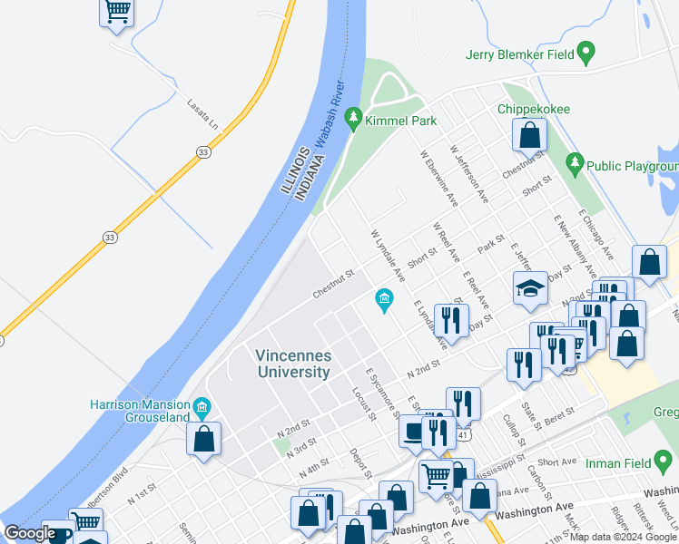 map of restaurants, bars, coffee shops, grocery stores, and more near 201 West Saint Clair Street in Vincennes