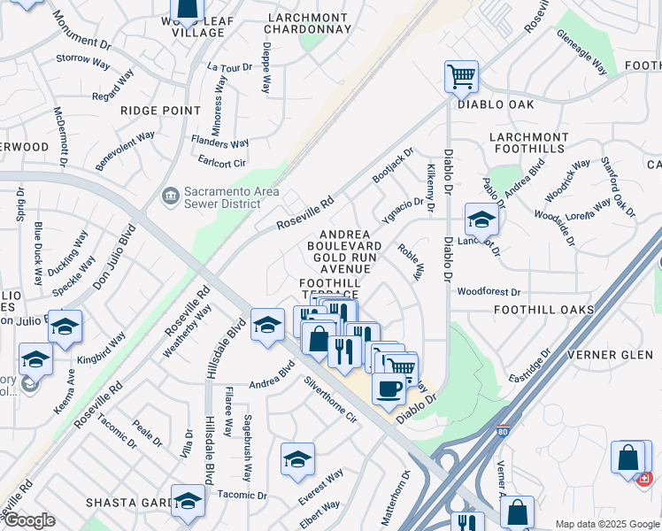 map of restaurants, bars, coffee shops, grocery stores, and more near 5236 Sweet Birch Court in Sacramento