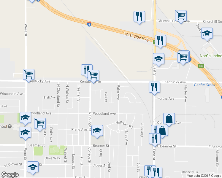 map of restaurants, bars, coffee shops, grocery stores, and more near 273 Chandler Court in Woodland