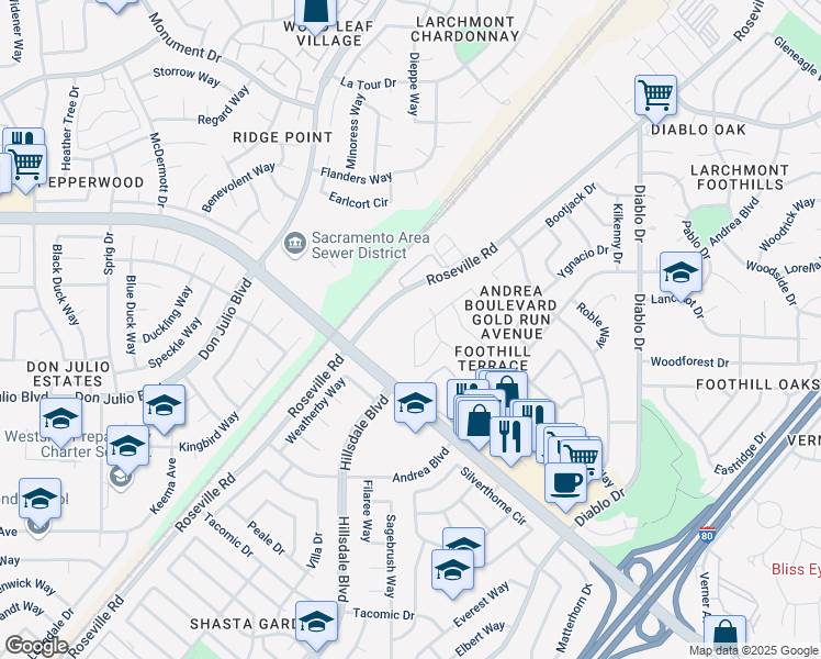 map of restaurants, bars, coffee shops, grocery stores, and more near 6859 Barbara Lee Circle in Sacramento