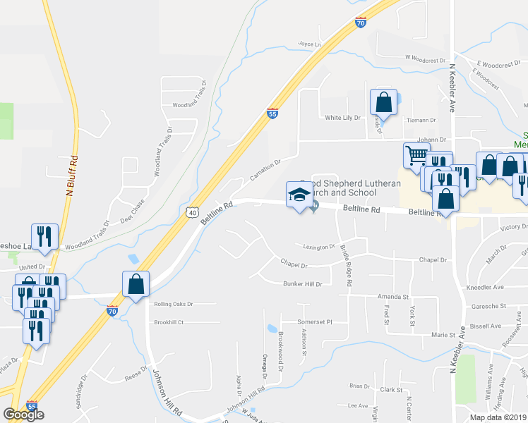 map of restaurants, bars, coffee shops, grocery stores, and more near 116 Eagle Creek in Collinsville
