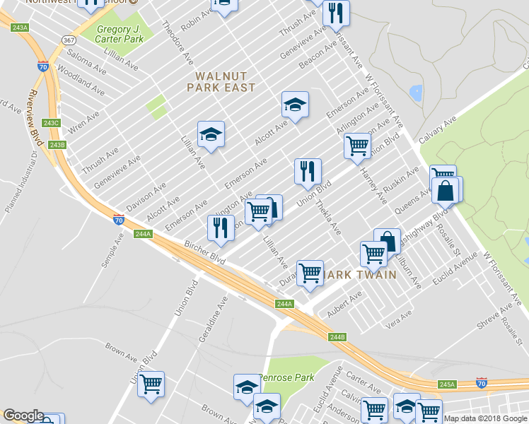 map of restaurants, bars, coffee shops, grocery stores, and more near 5018 Claxton Avenue in St. Louis