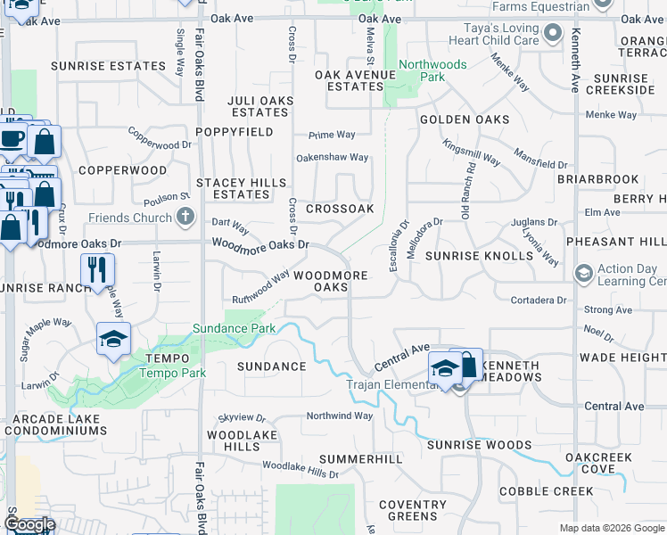 map of restaurants, bars, coffee shops, grocery stores, and more near 8120 Hardwood Court in Orangevale