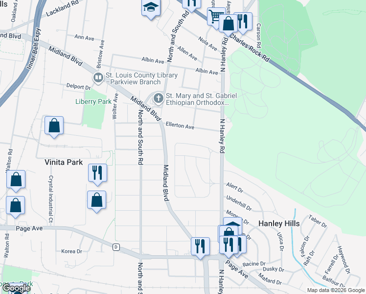 map of restaurants, bars, coffee shops, grocery stores, and more near 8108 Titus Road in St. Louis