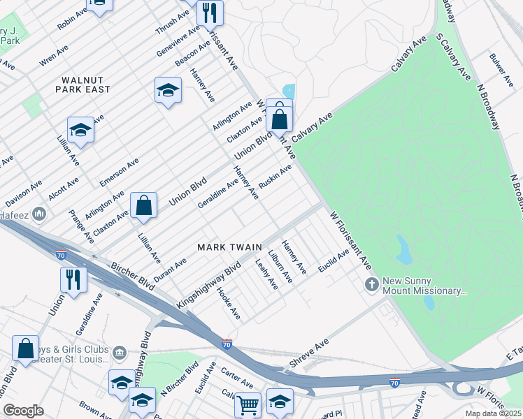map of restaurants, bars, coffee shops, grocery stores, and more near 5387 Queens Avenue in St. Louis