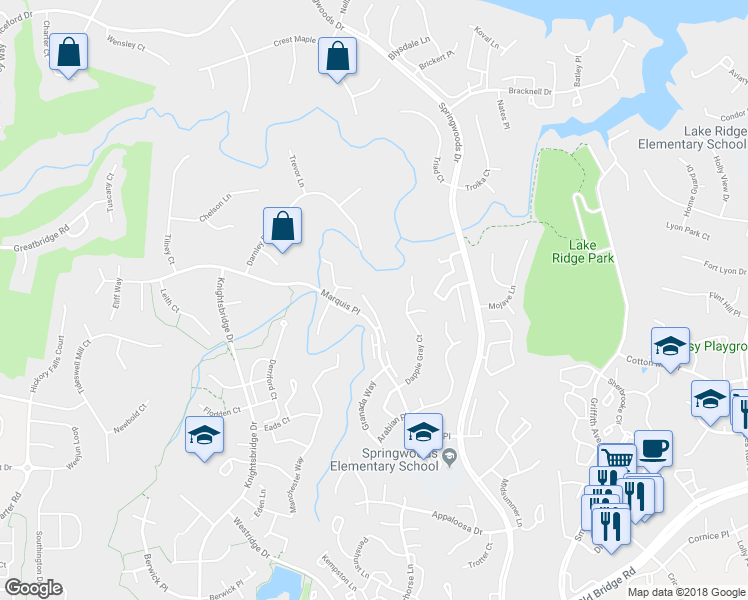 map of restaurants, bars, coffee shops, grocery stores, and more near 3910 Marquis Place in Woodbridge